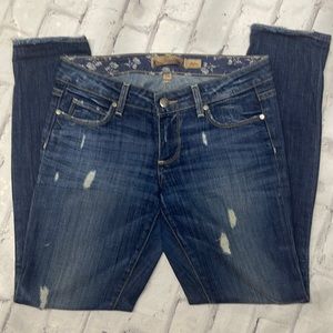 Paige Skyline Mid-Rise Jeans Light Distressing Skinny Straight Dark Wash Denim